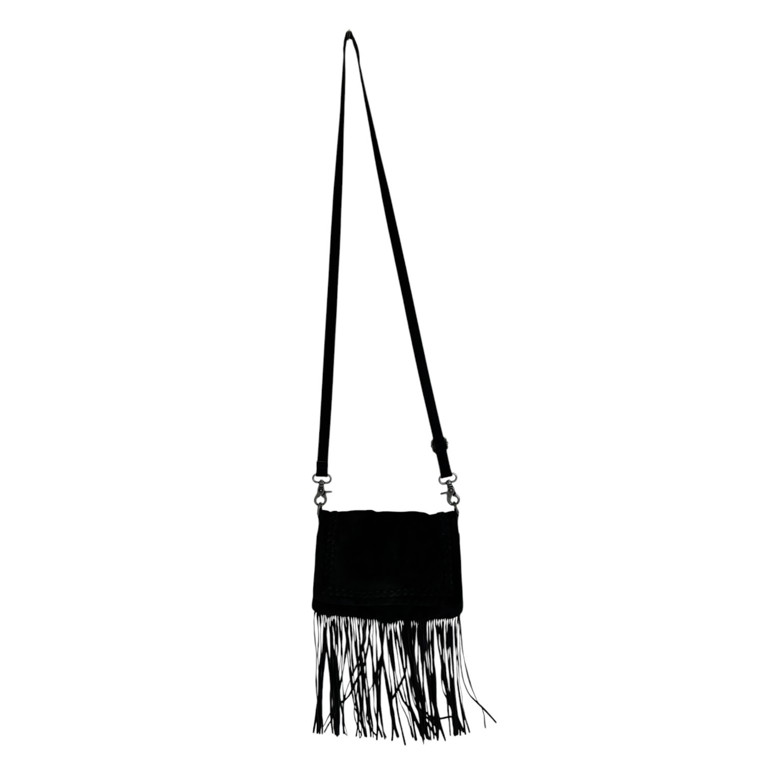 Johnny Was Black Suede Fringe Crossbody Bag Braided Trim Western Boho Purse